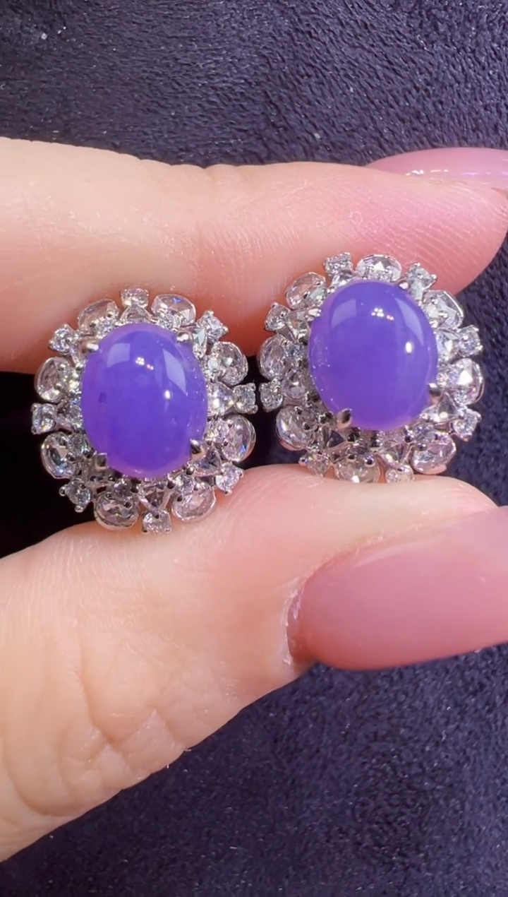 翡翠18K金镶嵌耳饰紫罗兰蛋面耳包