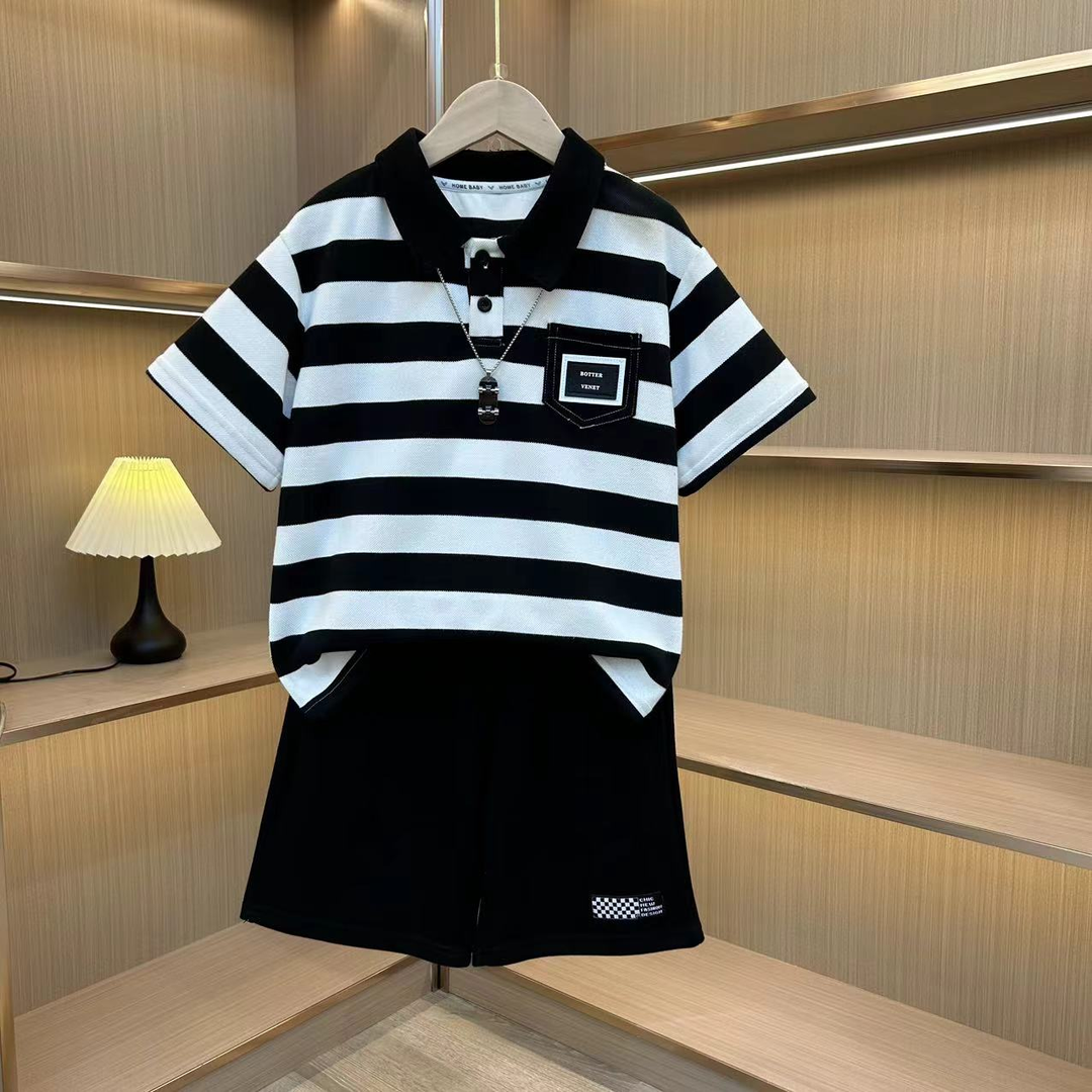 C现货亲子条纹两件套套装童装夏季洋气polo衫中大童不含儿童包