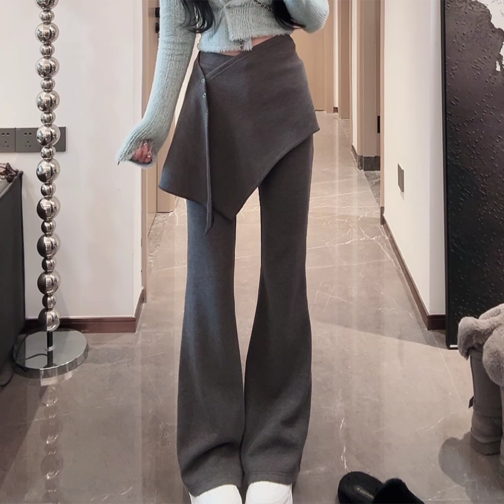 深灰色复合绒不规则屁帘可拆卸高腰微喇裤W1286