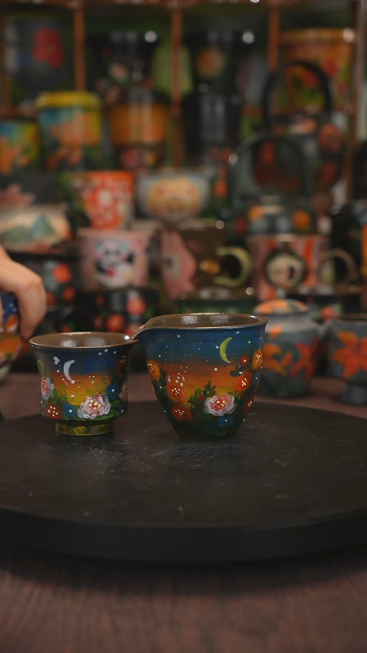 紫砂油画手绘釉下彩两件套