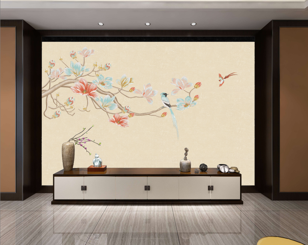 独绣纯刺绣卧室床头客厅电视沙发背景墙玉兰花鸟高端墙布春色满园