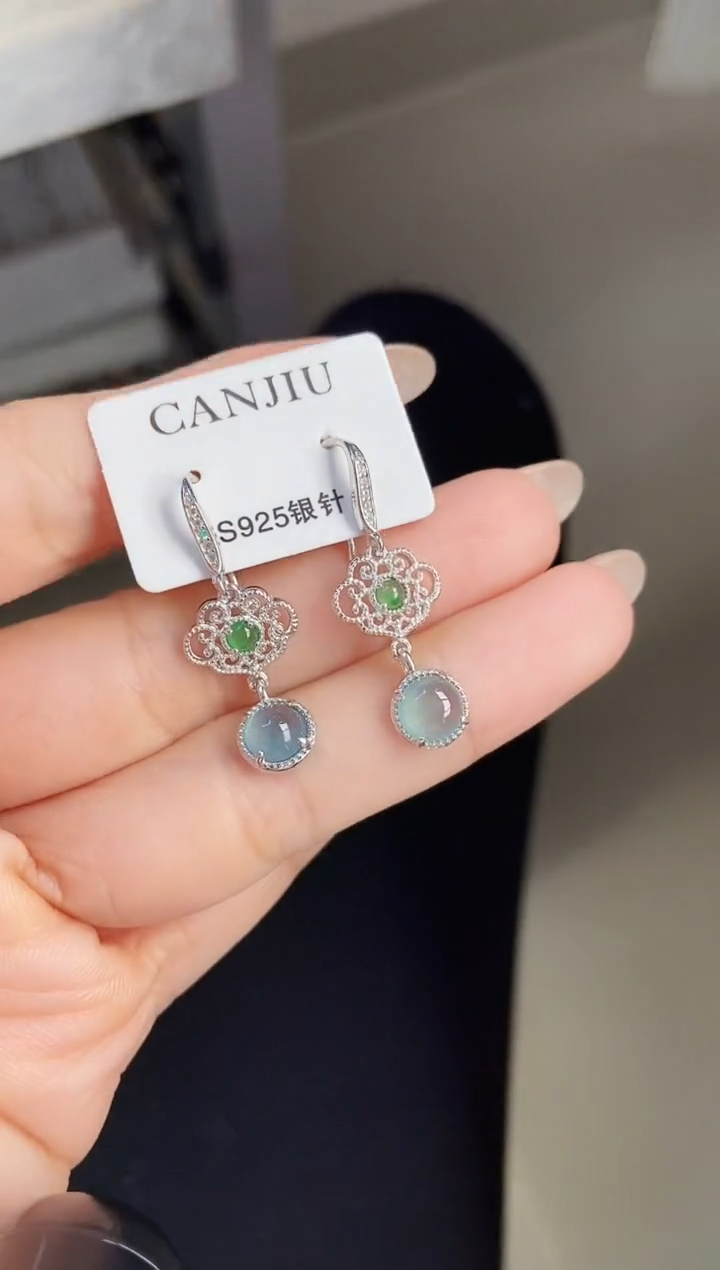 银S925镶嵌翡翠耳饰2