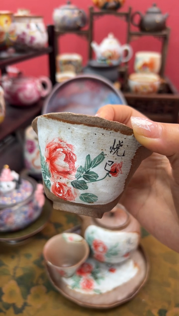 【闪购商品】虎井窑老陶泥手绘玫瑰盖碗