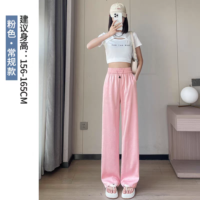 冰丝阔腿裤女夏季薄款高腰垂感缎面提花窄版直筒裤子