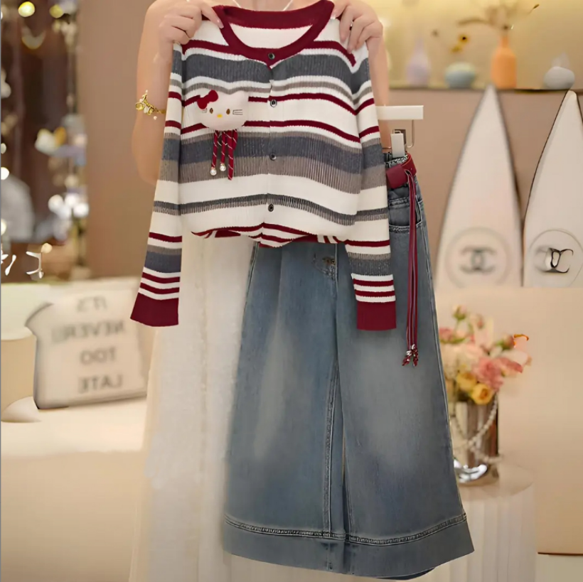 女童套装2025新款秋装洋气时髦儿童针织开衫毛衣女孩牛仔裤两件套