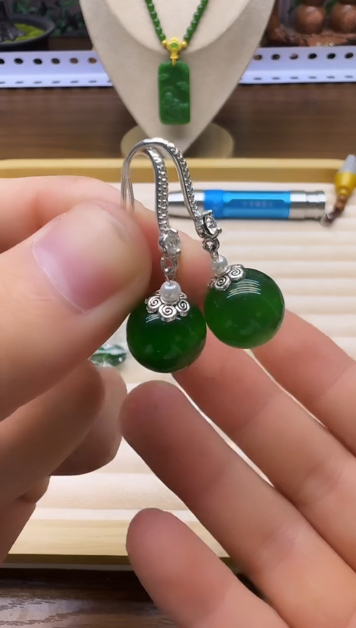 银S925镶嵌耳饰碧玺猫眼E90 