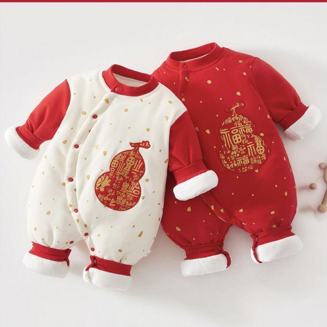 新生婴儿衣服连体衣冬婴幼儿哈衣爬服百天大红夹棉男女宝宝拜年服
