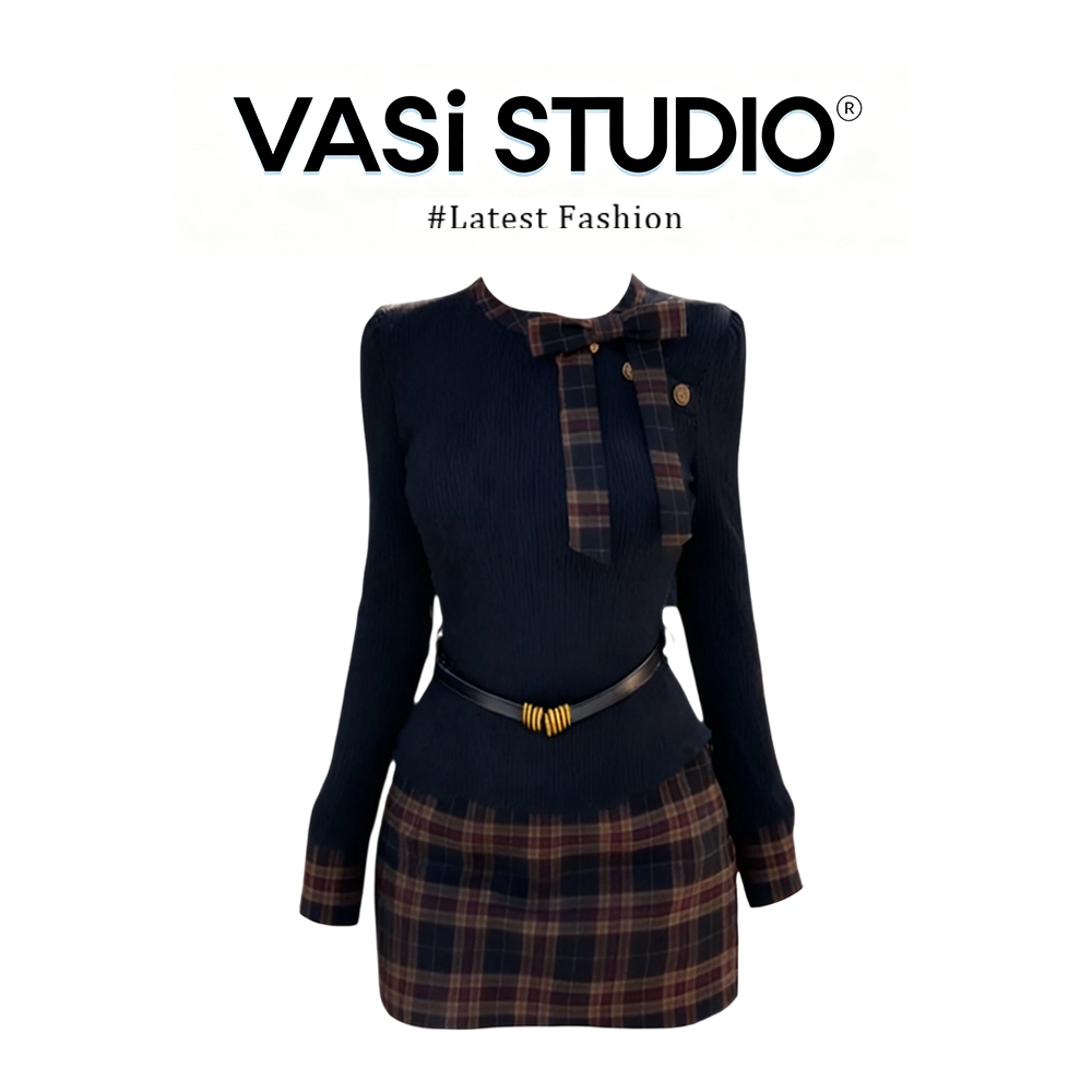 【同款性价比】法式气质格纹拼接蝴蝶结针织衫高腰半身裙秋冬套装女