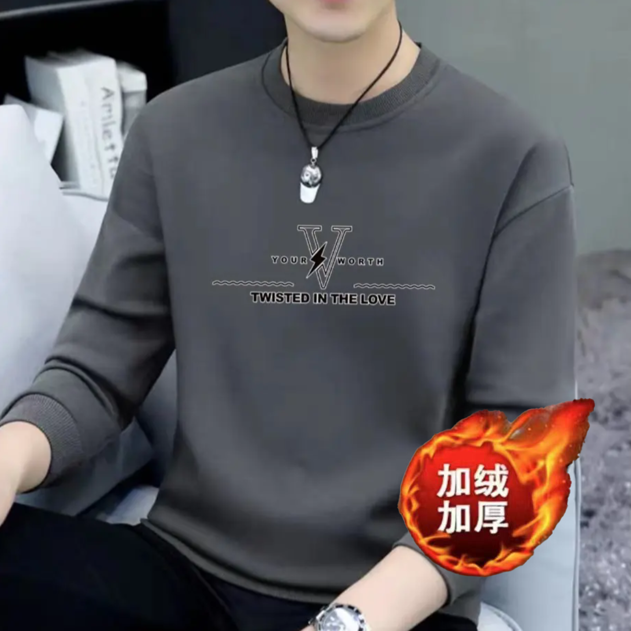 WY【一折粉丝福利】2025秋冬季圆领印花潮牌男士休闲卫衣常规加绒