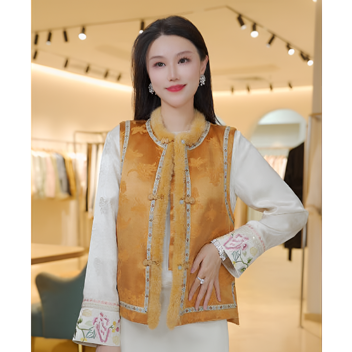 《ELFBOX》2025冬季新款贵气重工气质新中式加厚夹棉女马甲6708