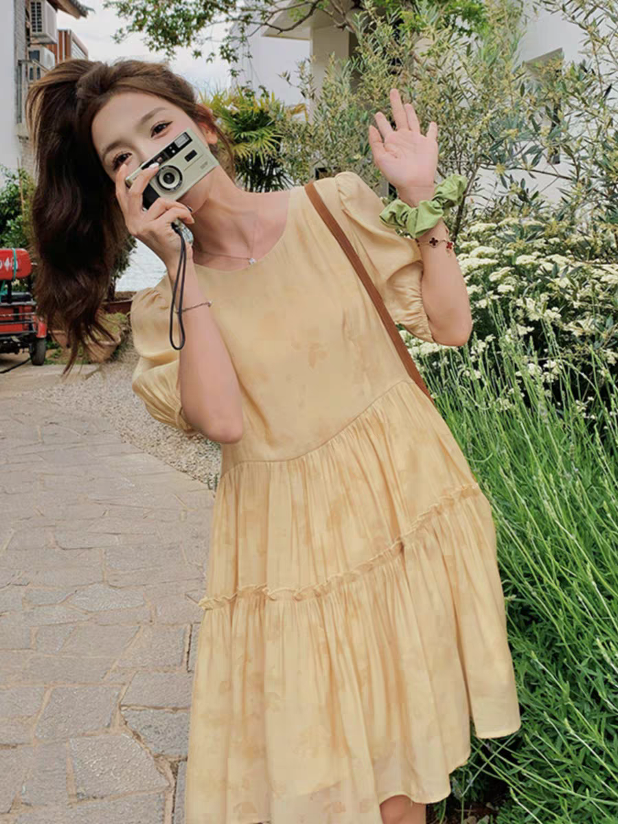 【艾丽莎定制】法式温柔风减龄连衣裙女夏季新款泡泡袖A字裙子3325