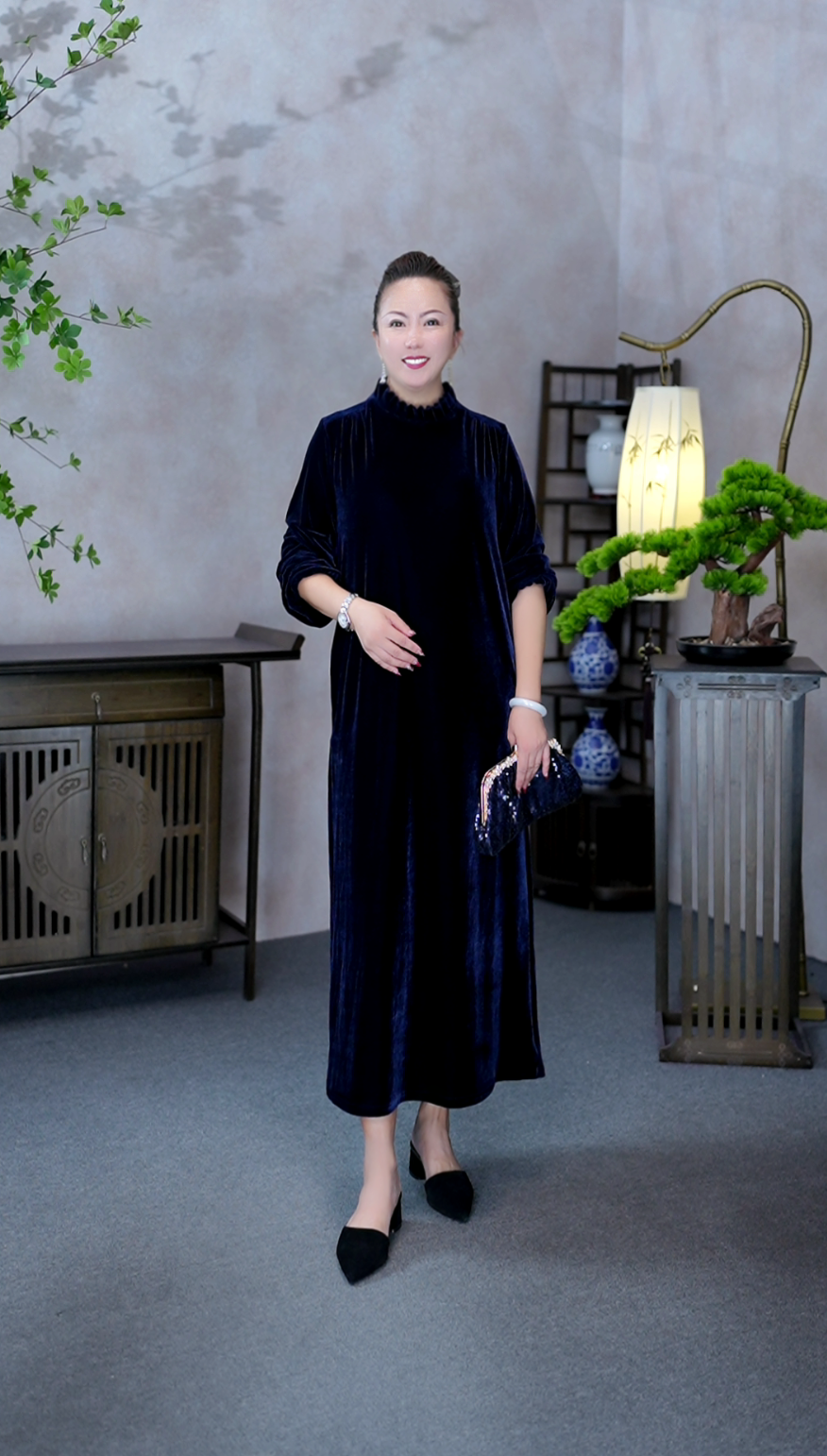 【MIAOCI】L9060新品轻奢时尚小立领丝绒连衣裙