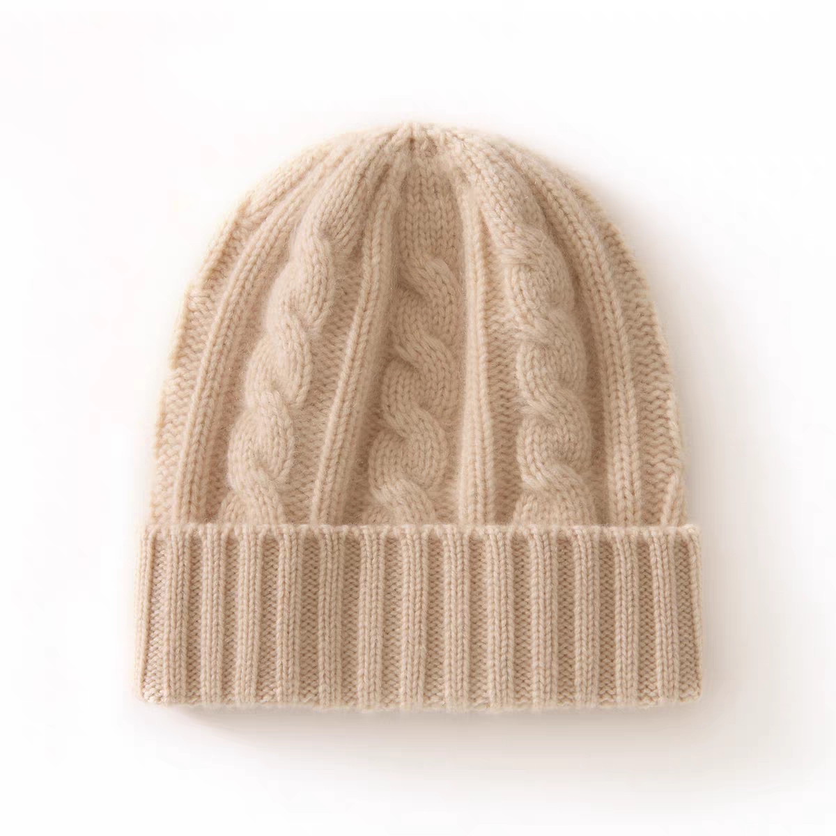 100羊毛麻花翻边帽子针织