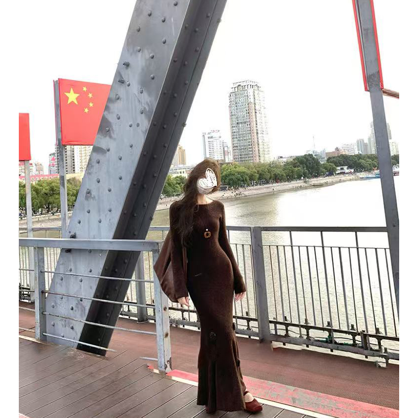 雅韵流光秋冬气质双色花朵鱼尾针织裙女长款连衣裙a字裙