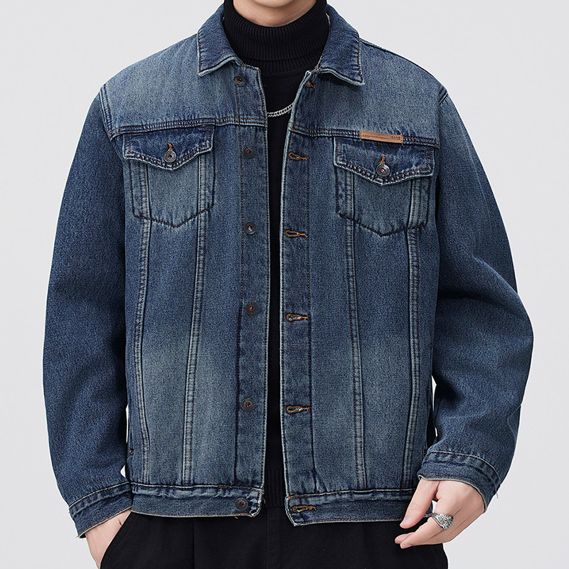 秋冬加厚加绒抗寒保暖美式翻领修身版时尚百搭男士牛仔外套夹克