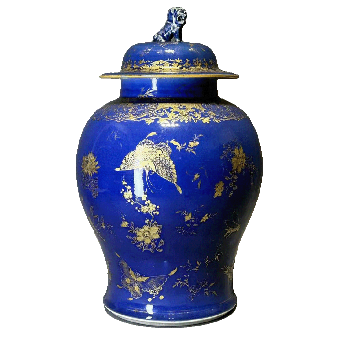 25200915x蓝釉描金花鸟纹将军罐