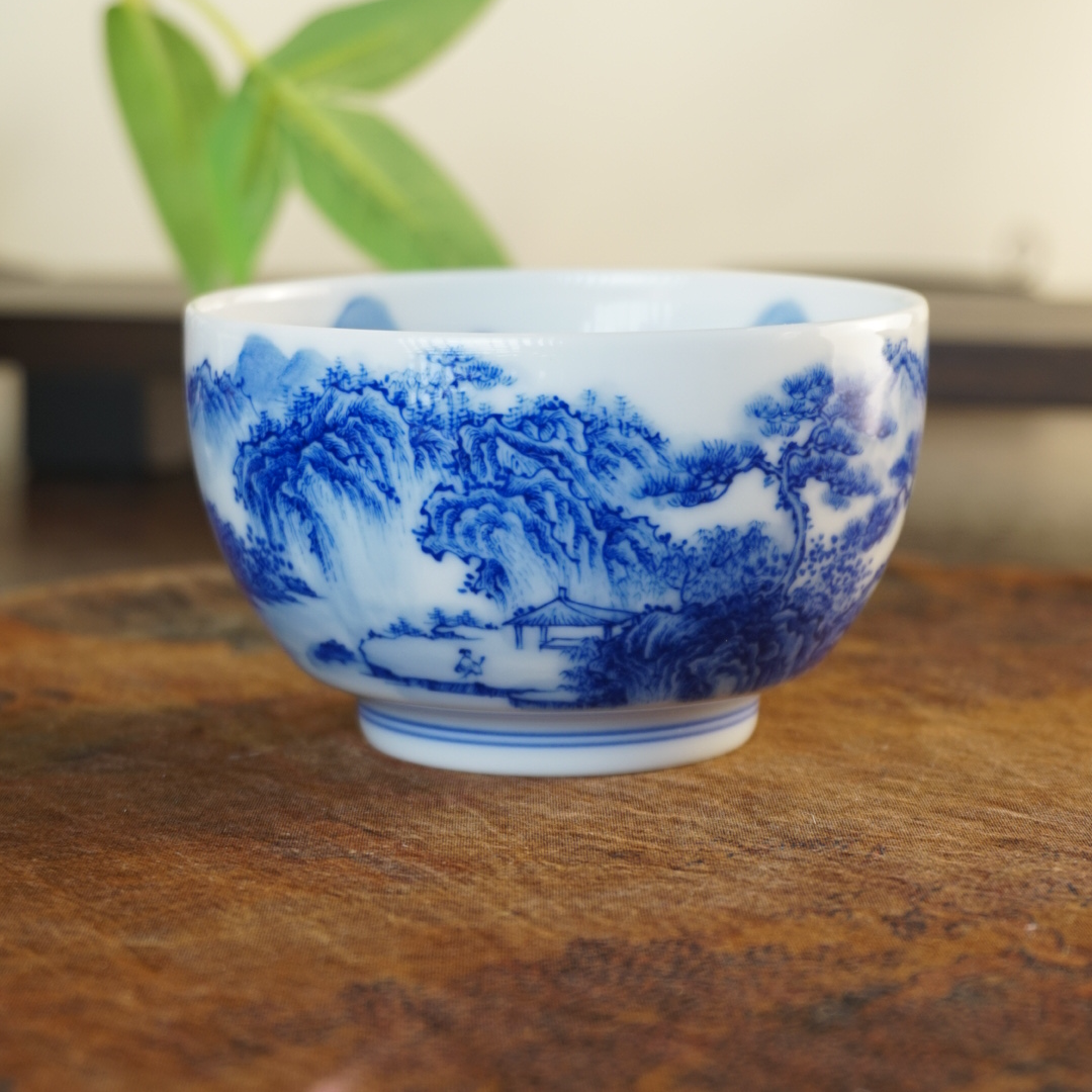 溪山堂仿北宋山水柴窑纯手工手绘圆融杯陶瓷主人杯山水杯景德镇