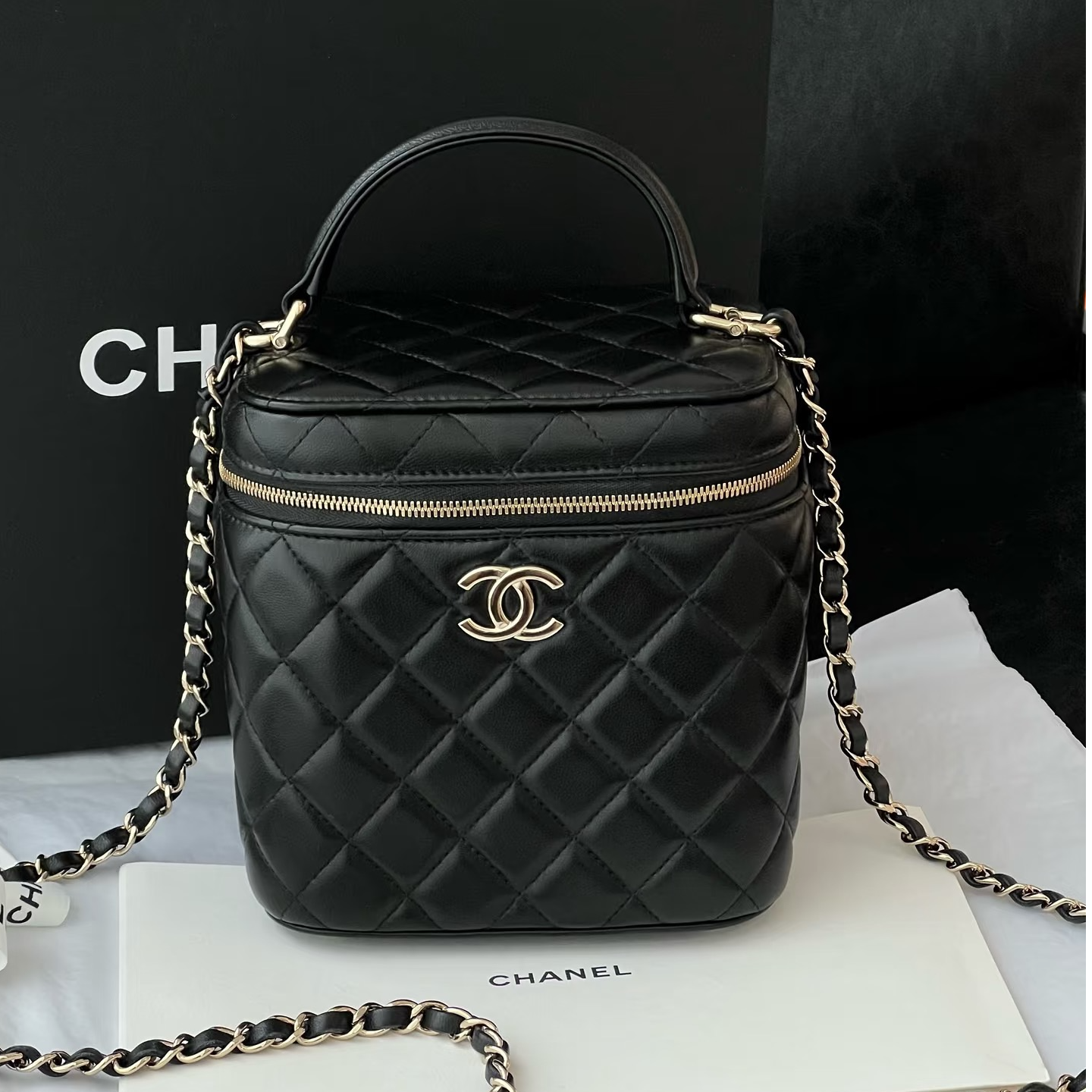 99新 Chanel/香奈儿 【杨贵妃专属】芯片经典黑金中号盒子包口盖包