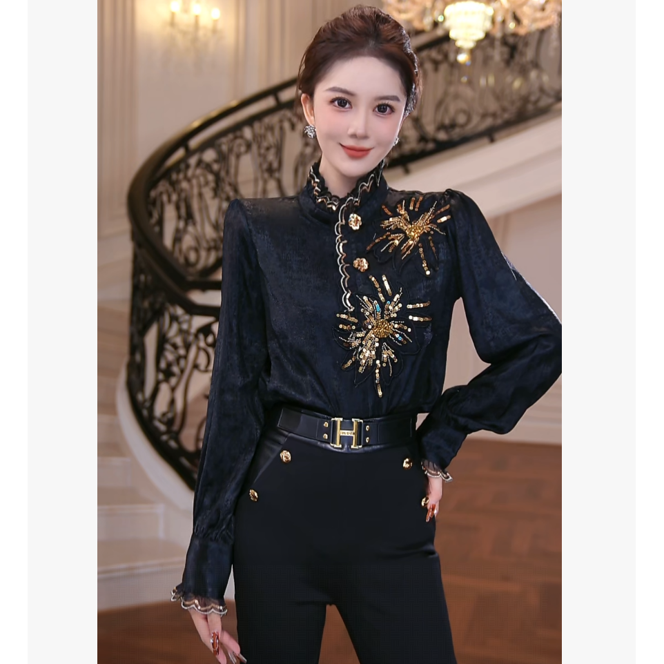 【芙娜妮】不规则时尚气质半高领衬衫通勤2025女重工上衣F2530919A