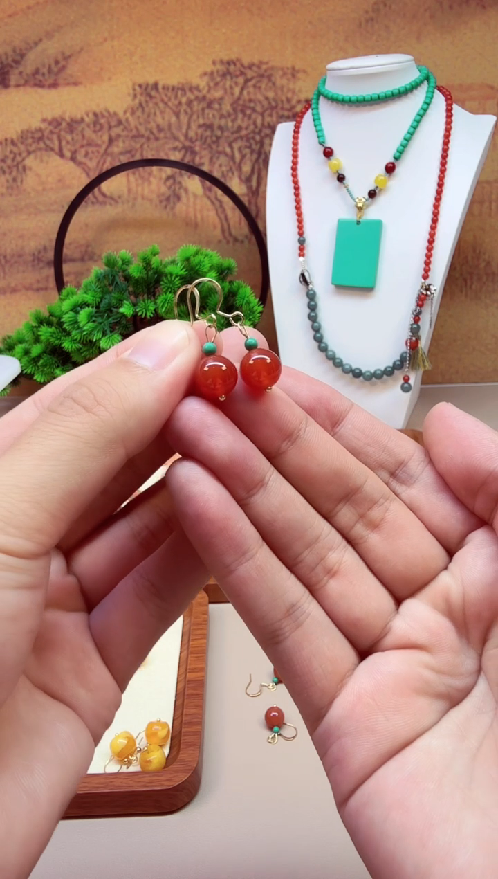 南红玛瑙14K金镶嵌耳饰E228