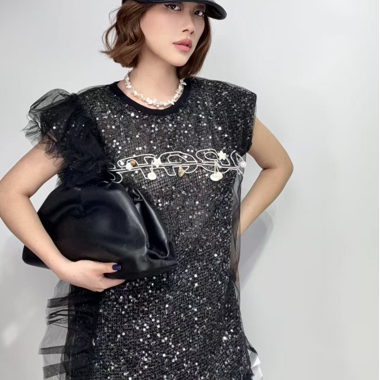 6889#重工亮片网纱蕾丝字母无袖夏季新款垫肩宽松圆领T恤欧洲站