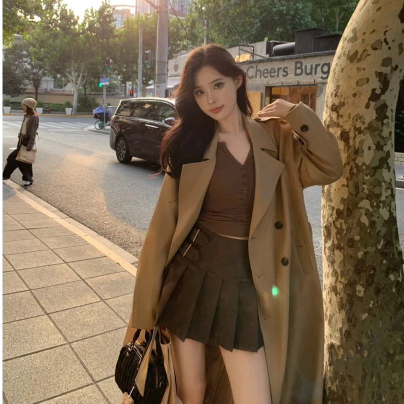 2025秋季新款开启色长款韩版H型双排扣高级感大翻领风衣外套女