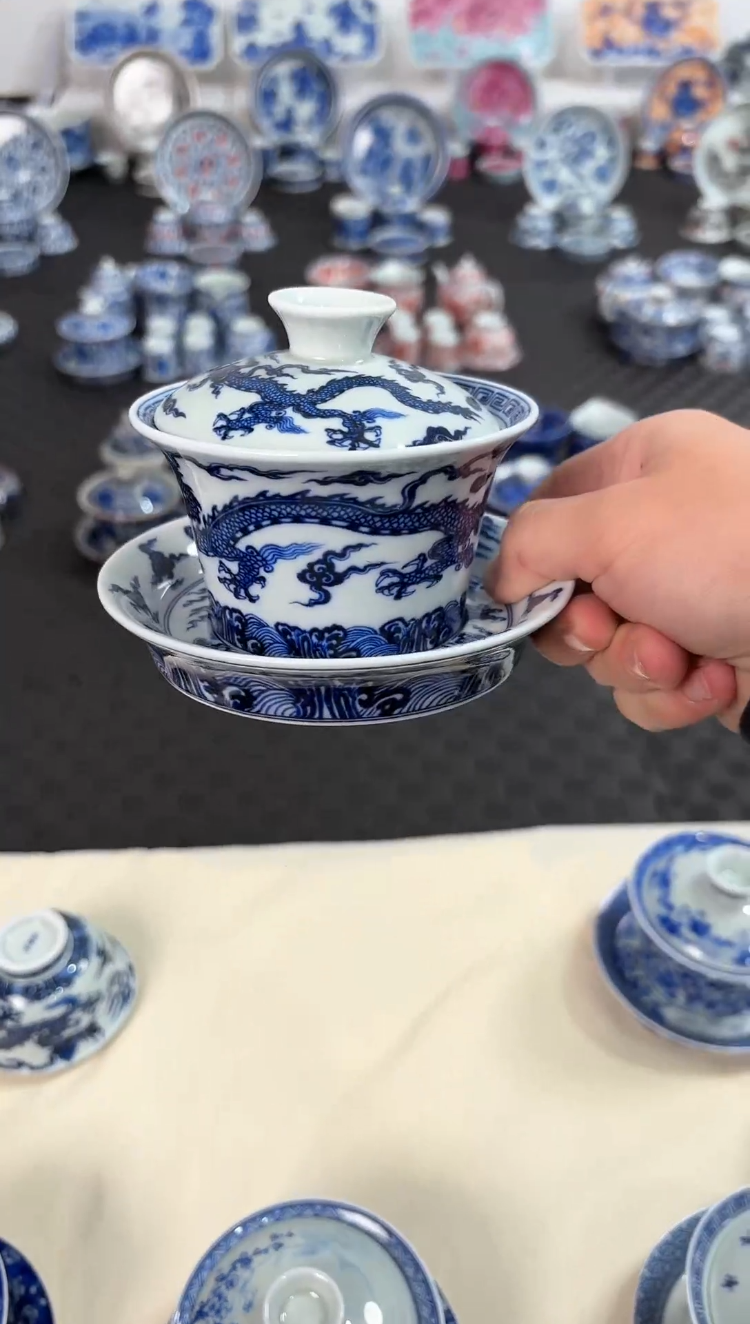 其他陶景德镇陶瓷茶具青花宣德龙马蹄盖碗
