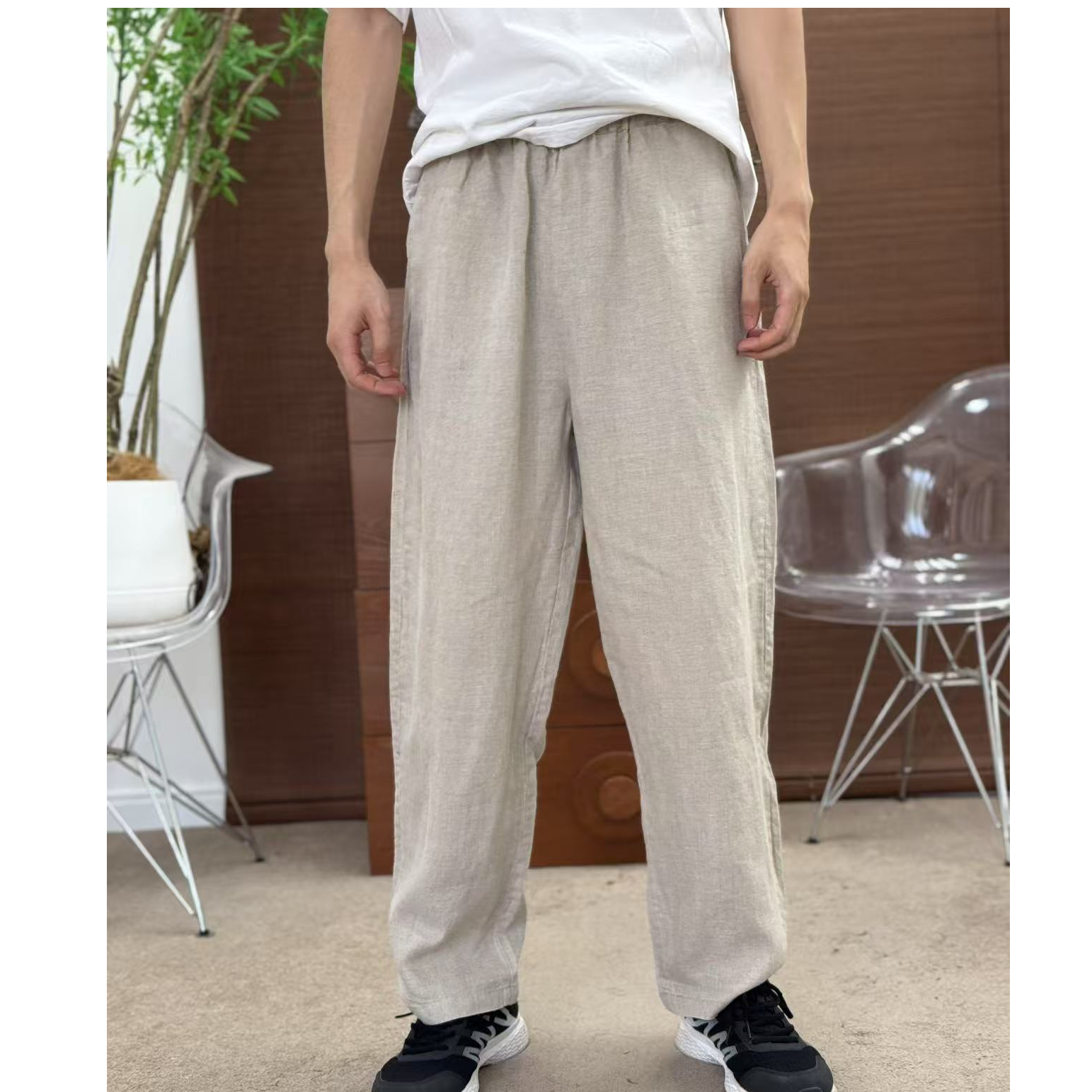 男士汉麻长裤100%双雨露休闲裤直筒微喇脚口14支挺括有型细腻顺滑