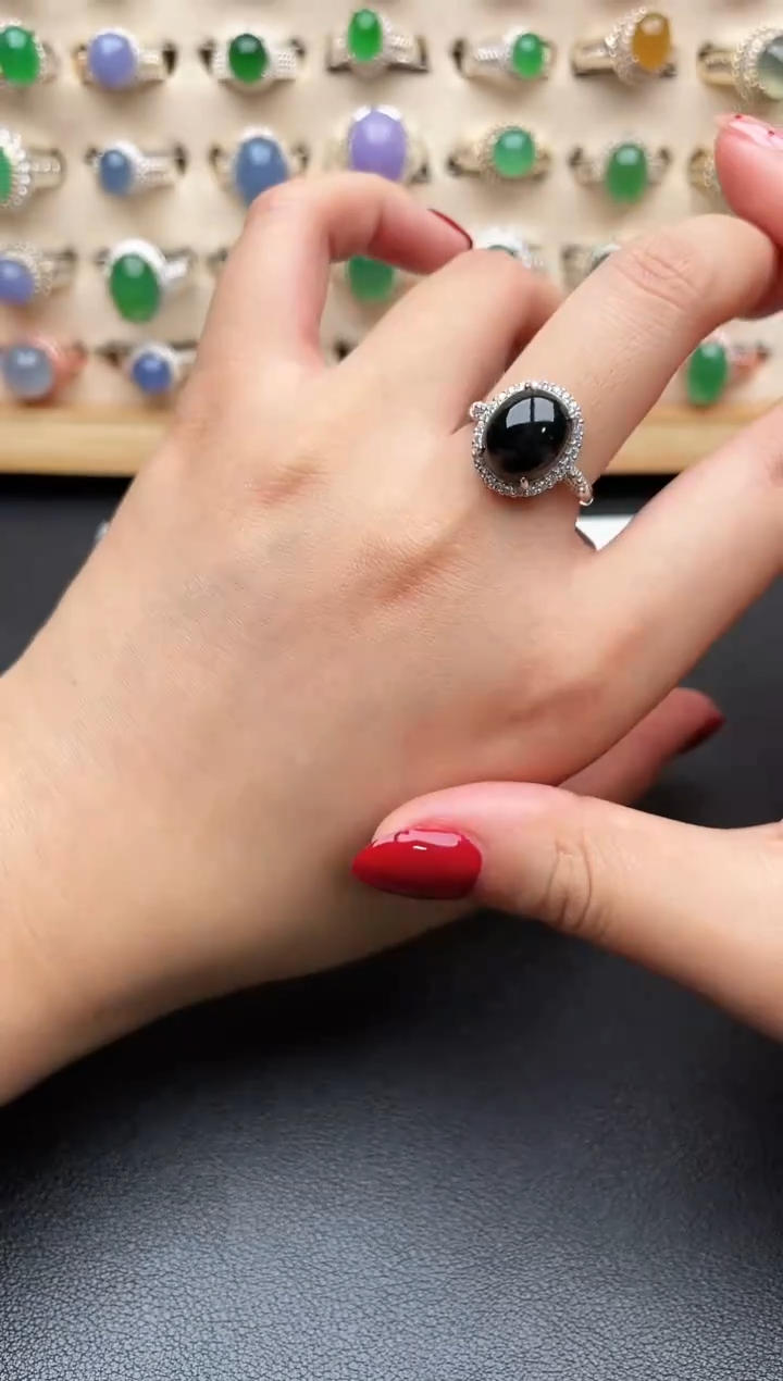 银S925镶嵌戒指翡翠一物一证一礼盒