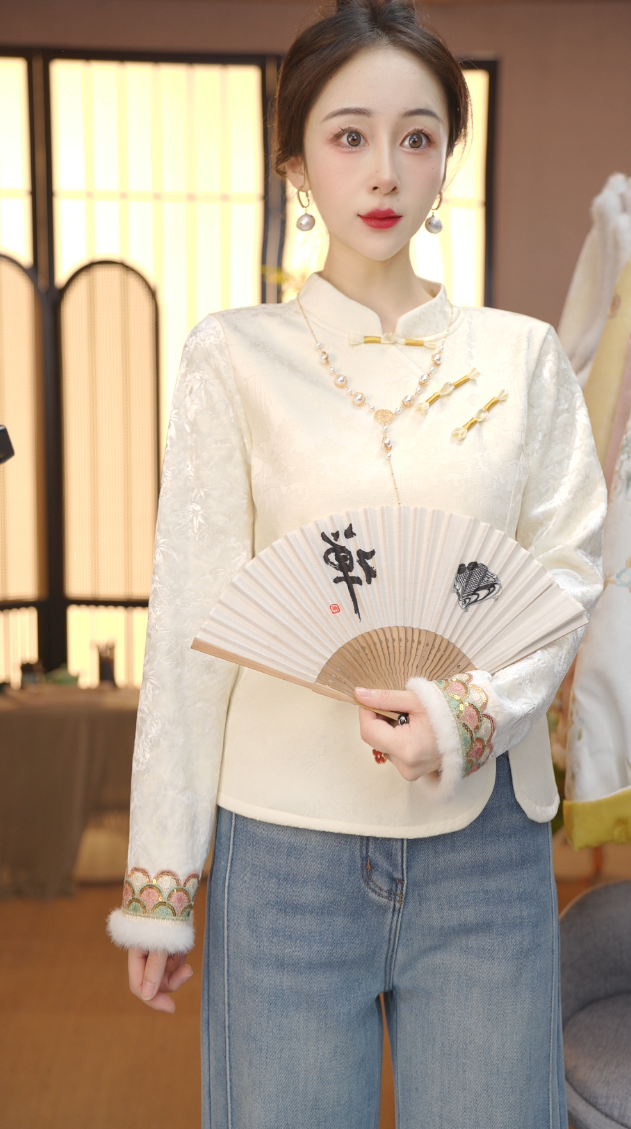 秋冬季新款中式提花精致百搭上衣拼接水貂毛FB2512021