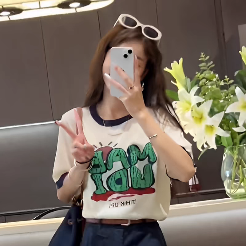 2025夏季新款提花刺绣针织衫女短袖宽松休闲T恤8509-1