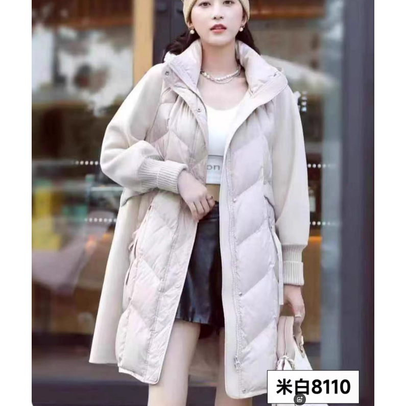 【HY207】插肩袖连帽长款羽绒服女2025新款冬季加厚过膝羊毛外套