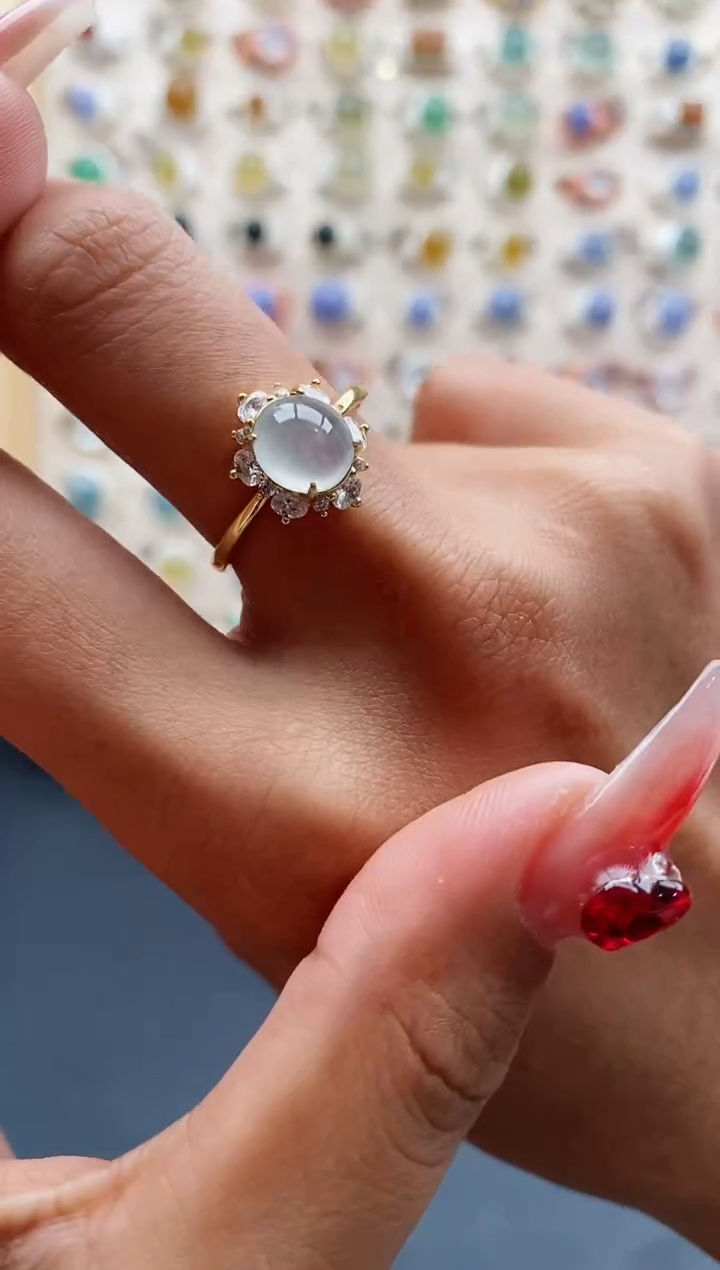 【闪购商品】翡翠戒指银S925镶嵌缅甸天然A货翡翠111 5+10