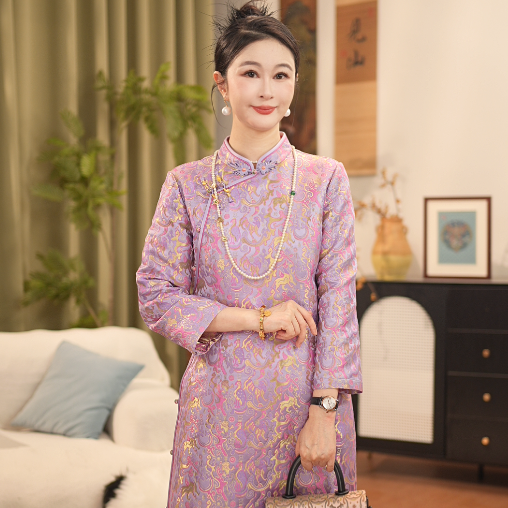 【贺贺·五星出东方】桑蚕丝织金宋锦旗袍中式中国风设计师旗袍J6824