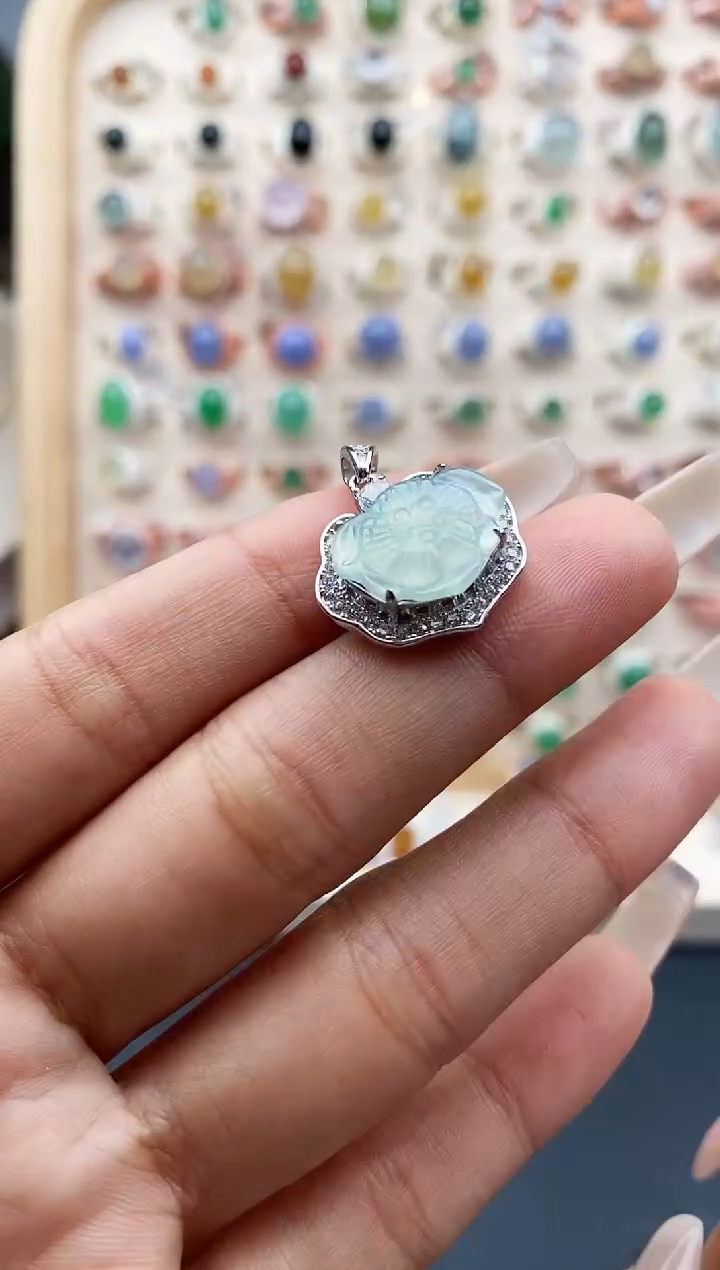 【闪购商品】翡翠颈饰银S925镶嵌缅甸天然A货翡翠555  5+5