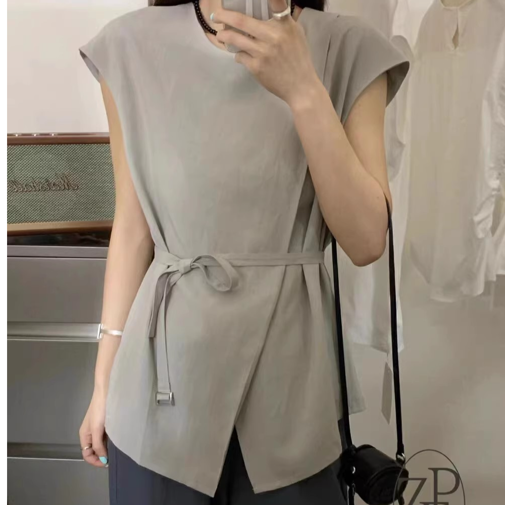 ZE685设计感斜襟圆领系带小衫简约气质百搭飞飞袖收腰上衣女