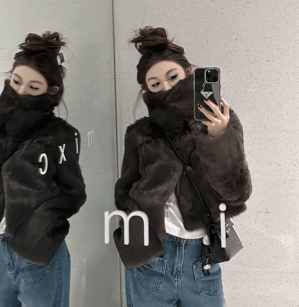 "千金兔"奢贵分区定染兔毛中古真皮皮毛一体皮草外套