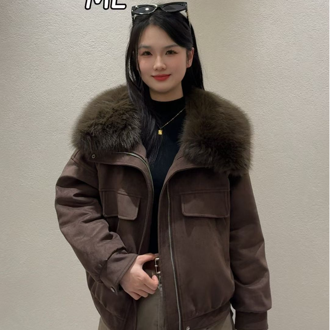 大翻领毛毛领休闲风加绒加厚冬季极简设计感女短外套2025网红上衣