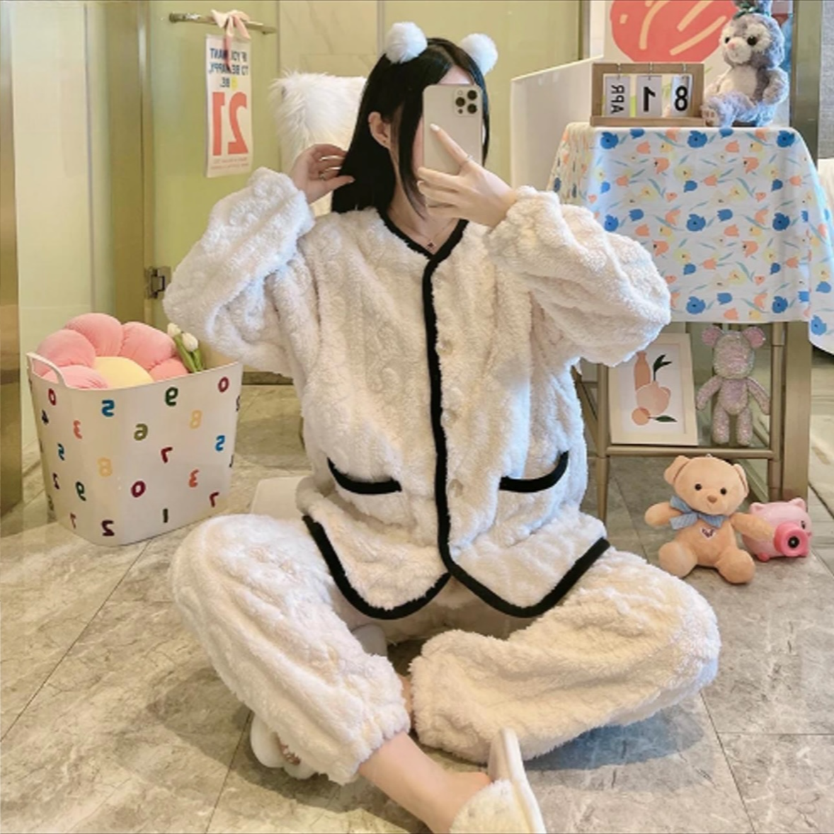 青！珍珍高个子加长小香风睡衣秋冬季提花加绒加厚外穿毛绒家居服