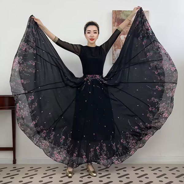 A《夜露莲华》印花满铺定位花雪纺长款半身裙/720大摆带里衬