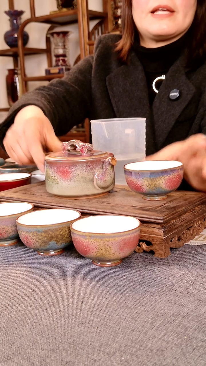 瓷片如意壶一壶四杯套装 土魂钧瓷