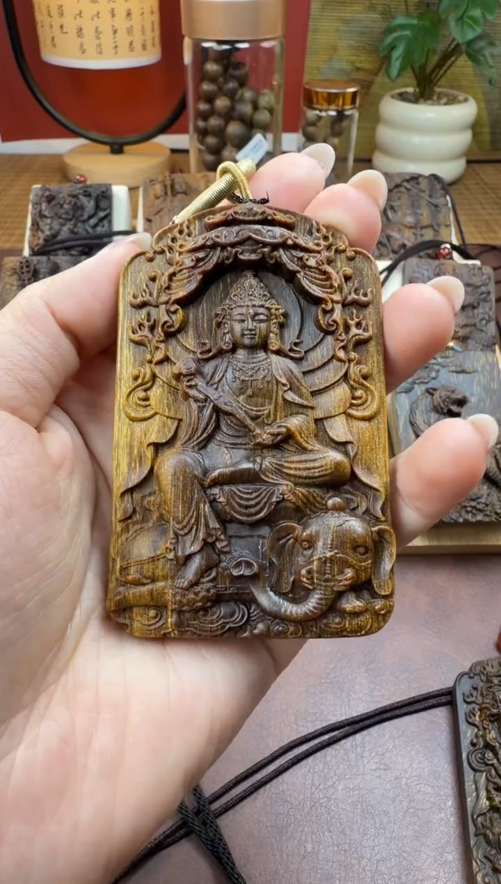 木木雕款 芽庄 十二生肖守护  龙蛇 普贤菩萨8cm 送养香瓶