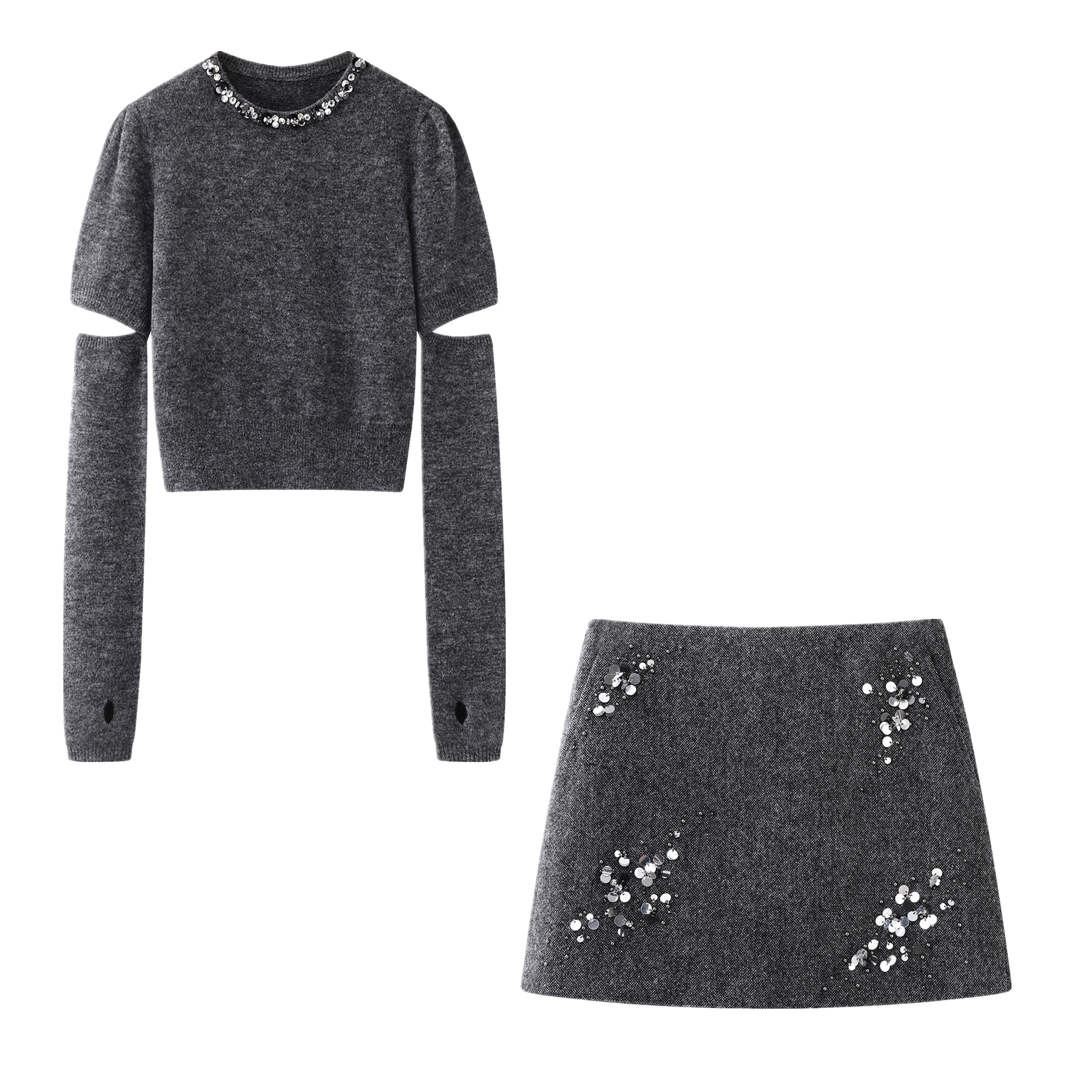 艾家学院风毛针织衫订钻拼接圆领毛衫上衣针织衫半身裙4154-4109