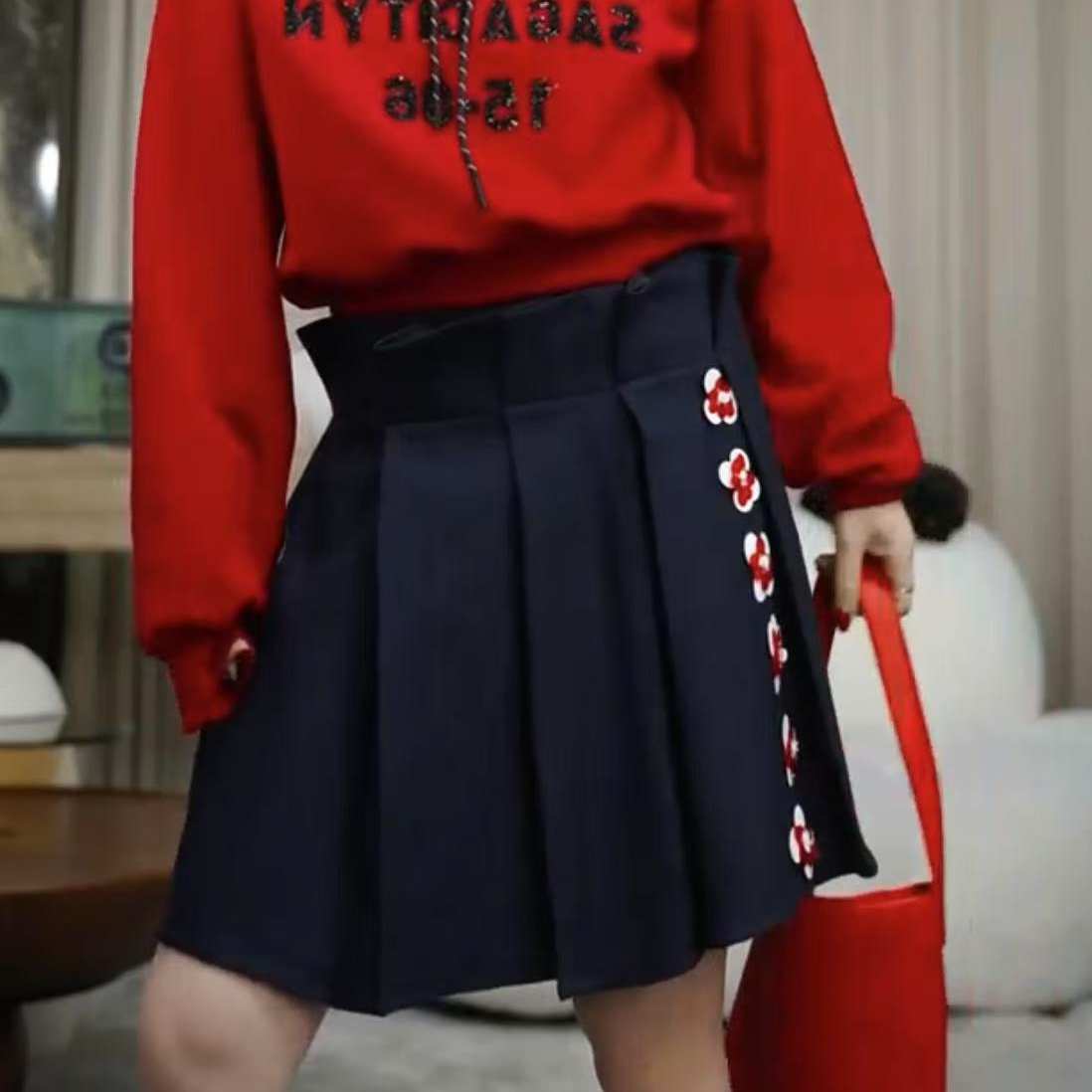 infobyfive罘蠡新款百搭小花朵百褶裙花苞腰半身裙NF0502098