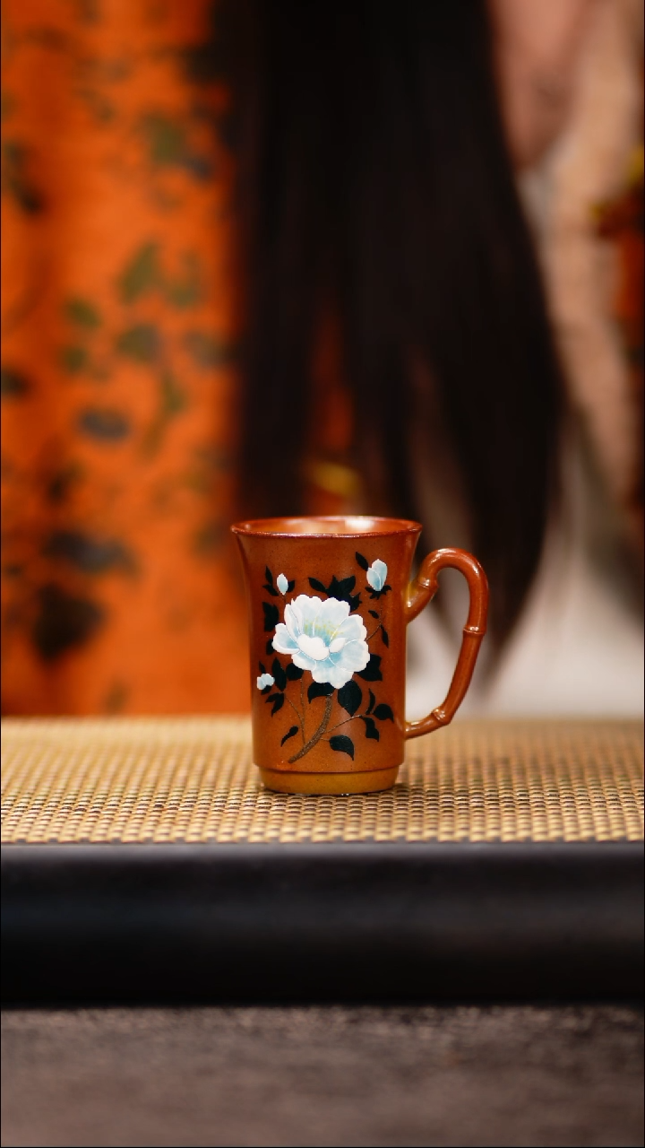 15小鱼柴烧蓝牡丹把子杯