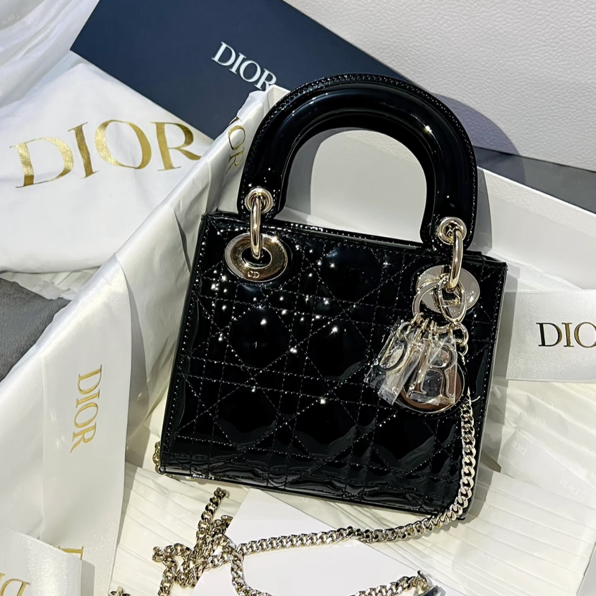 全新未使用 DIOR/迪奥 【小花念念】戴妃包 三格 黑色 金扣 2020