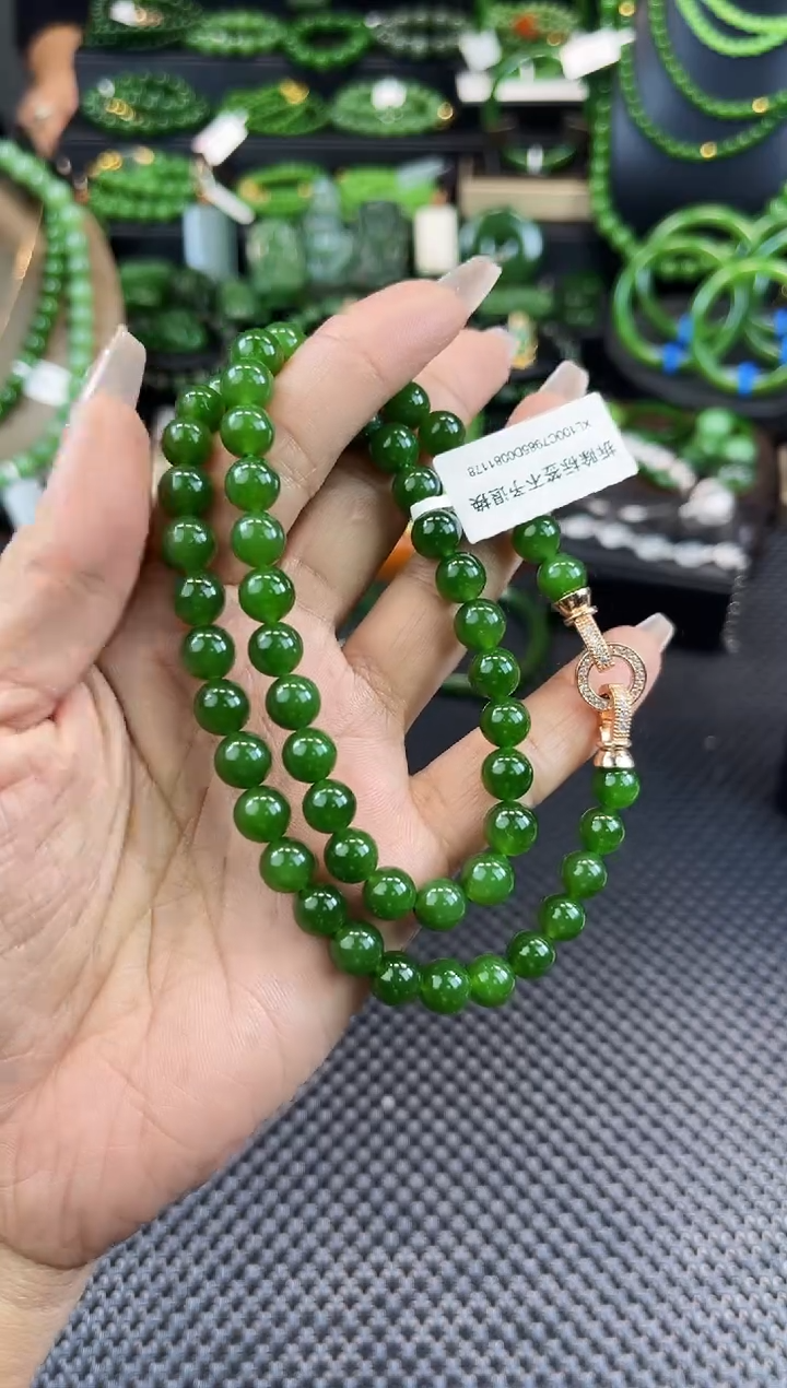 【闪购商品】和田玉（碧玉）项链未镶嵌XL100菠菜绿8mm项链
