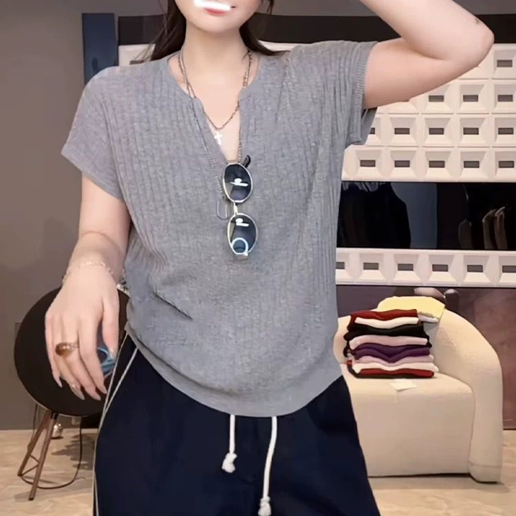 花倾慕小飞袖韩系v领针织衫t恤女夏季薄款透气宽松显瘦上衣52230