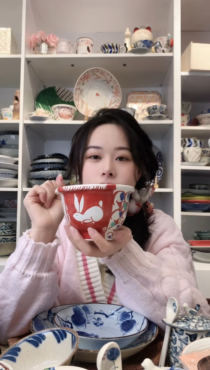 陶瓷濑户烧赤绘兔饭碗13cm