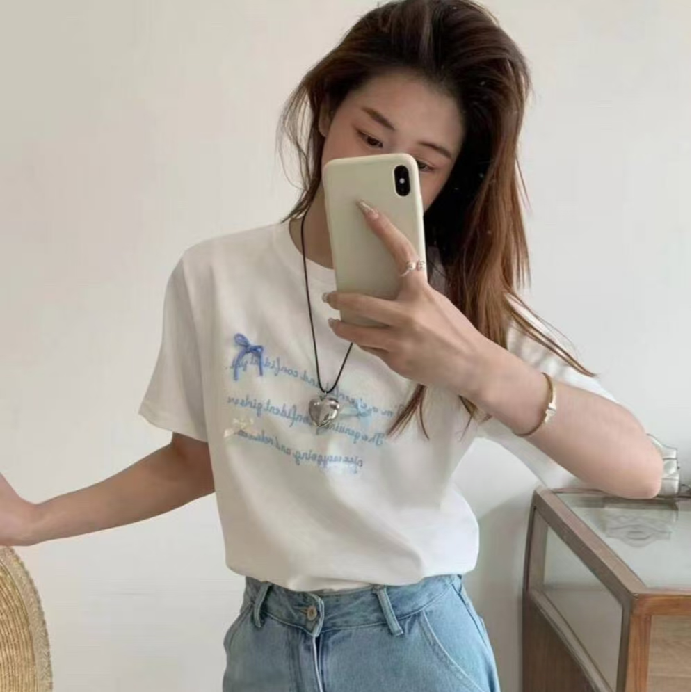早秋宽松休闲印花时尚圆领拼色百搭韩版半袖撞色卡通重工设计感